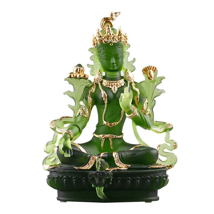 Bodhisattva Grüne Tara, handgefertigt, Liuli-Kristall, Kunststück, Schutz, Heimbüro, Statue, Dekoration