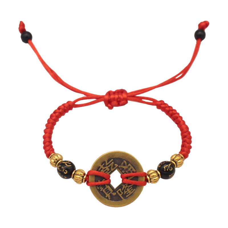Armband mit Buddha Stonesn, Kupfermünze, Glücksbringer, rote Schnur