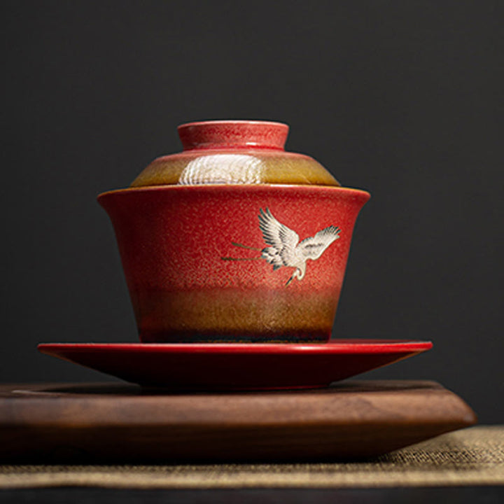 Buddha Stones, roter verheißungsvoller Kranich, Keramik, Gaiwan-Sancai-Teetasse, Kung-Fu-Teetasse und Untertasse mit Deckel