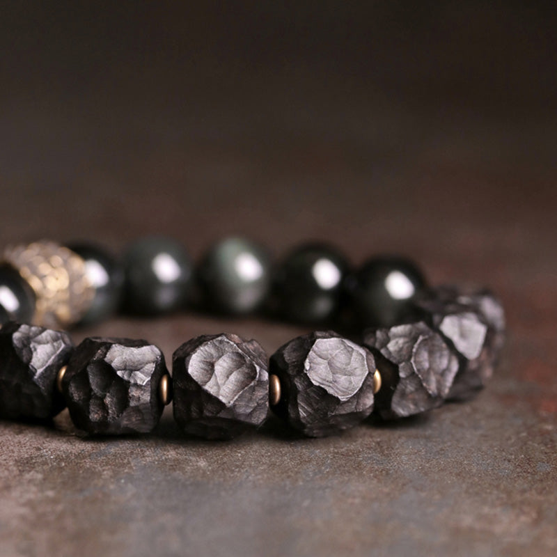 Buddha Stones Schwarzes Obsidian-Ebenholz-Kupfer-Stärke-Paar-Armband