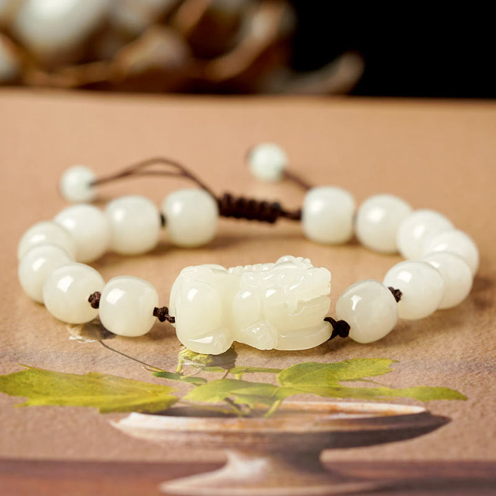 Buddha Stones PiXiu Wealth String-Armband aus natürlicher Weiß Hetian-Jade