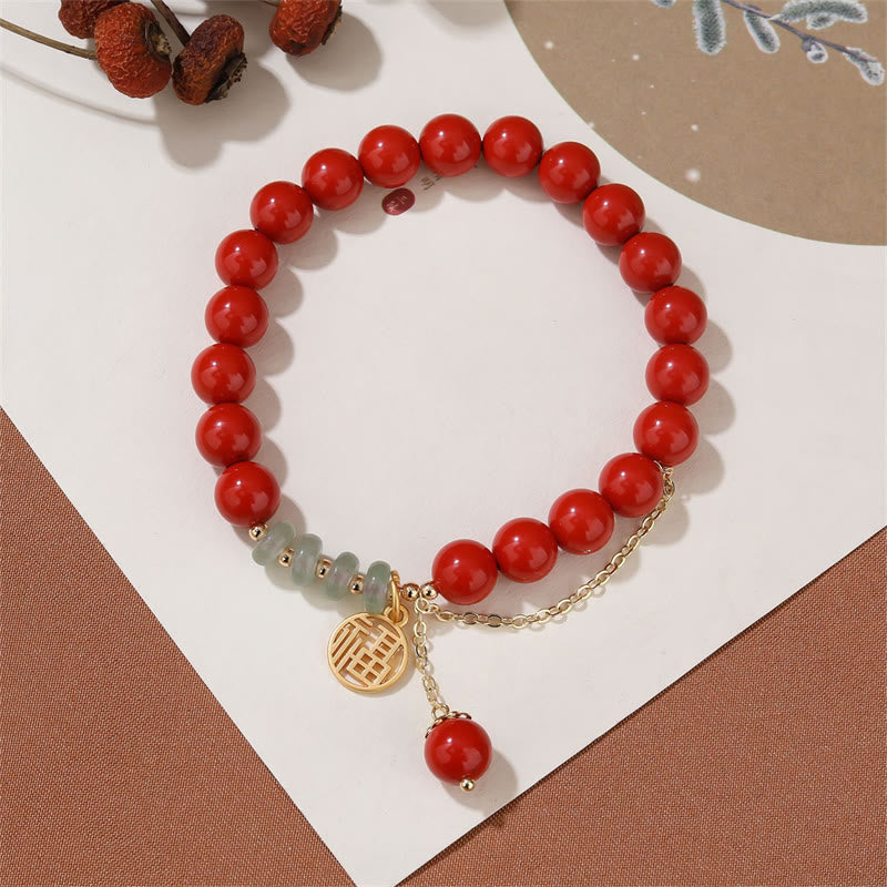 Buddha Stones Cinnabar Auspicious Fu Character Jade Calm Armband