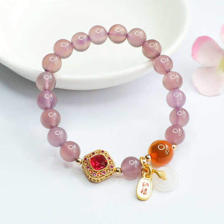 Charm-Armband mit Buddha Stonesn, natürlichem violettem Chalcedon, Bonbon-Achat, Friedensschnalle, Harmonie, Glück, Glück