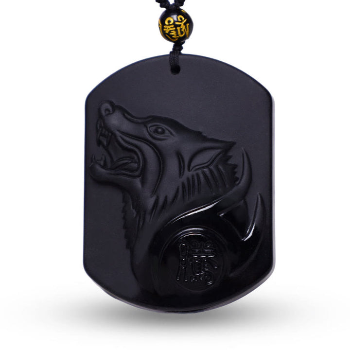 Buddha Stones Schwarzer Obsidian-Stein-Wolf-Reinigungs-Anhänger-Halskette