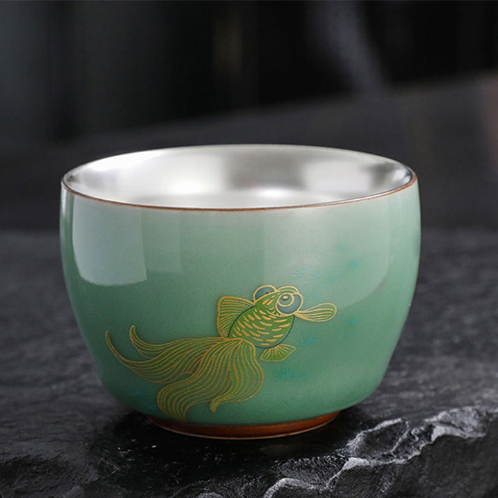 Buddha Stones 999 Sterling Silber Vergoldung Schmetterling Goldfisch Lotus Koi Fisch Keramik Teetasse Kung Fu Teetasse 120 ml