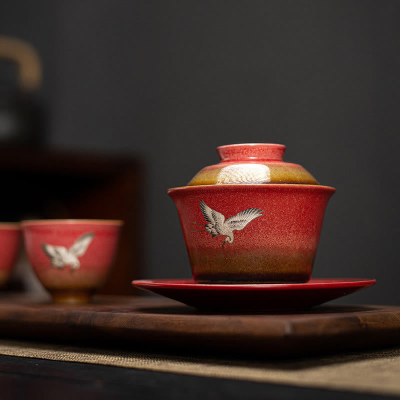 Buddha Stones, roter verheißungsvoller Kranich, Keramik, Gaiwan-Sancai-Teetasse, Kung-Fu-Teetasse und Untertasse mit Deckel