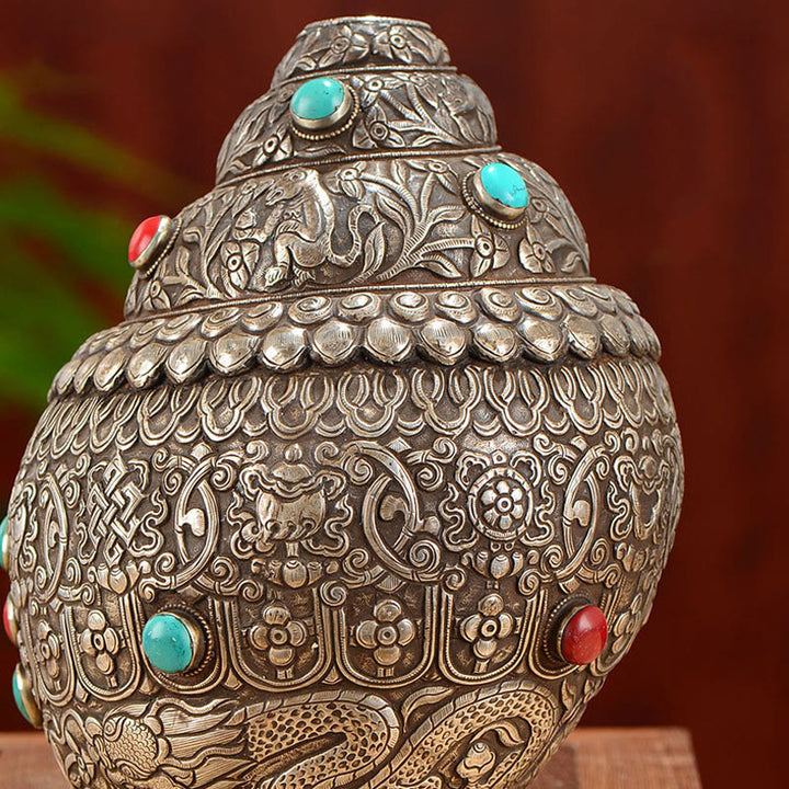 Tibetische handgefertigte natürliche Shankha-Gravur mit acht glückverheißenden Symbolen, Muschelschale, glückliche Heimdekoration