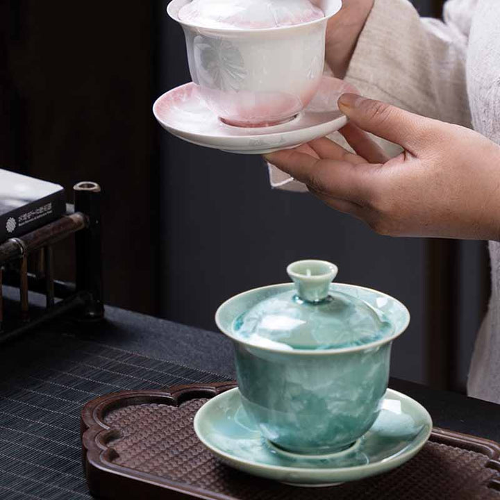 Buddha Stones Traditionelle glasierte Keramik Gaiwan Sancai Teetasse Kung Fu Teetasse und Untertasse mit Deckel 180 ml