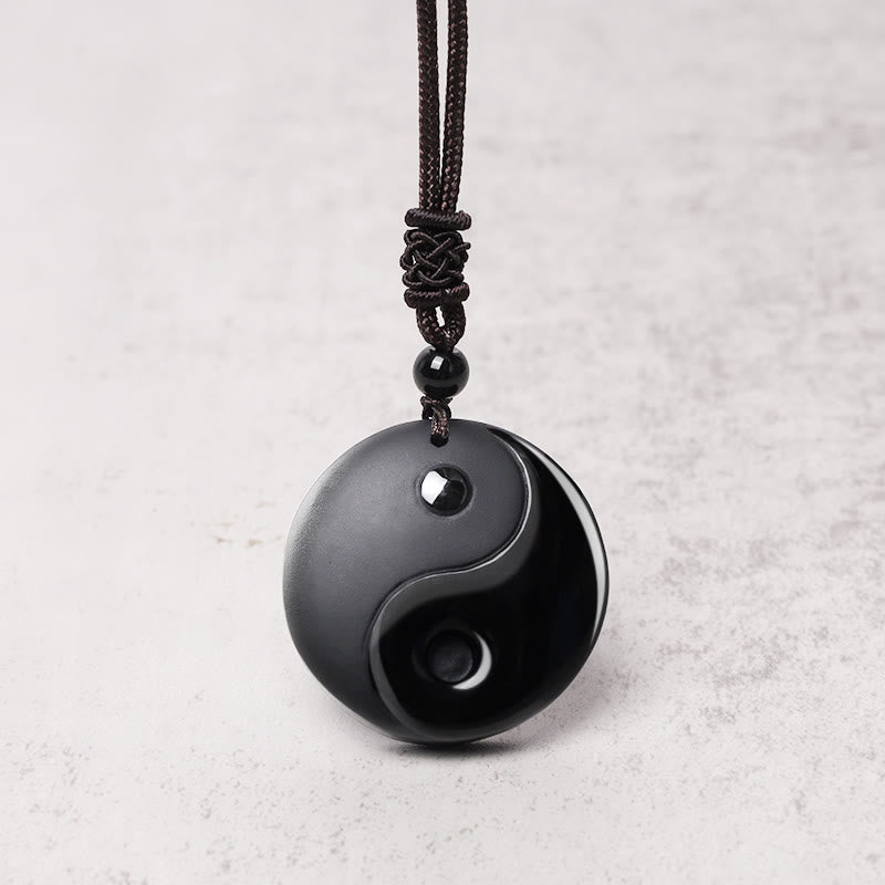 Buddha Stones, schwarzer Obsidian, Taoismus, fünf heilige Berge, Mantra mit neun Charakteren, geschnitzte Reinigung, Yin-Yang-Halskettenanhänger