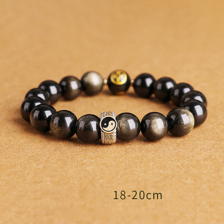 Buddha Stones 925 Sterling Silber Schwarz Obsidian Gold Glanz Obsidian Silber Glanz Obsidian Yin Yang Schutzarmband