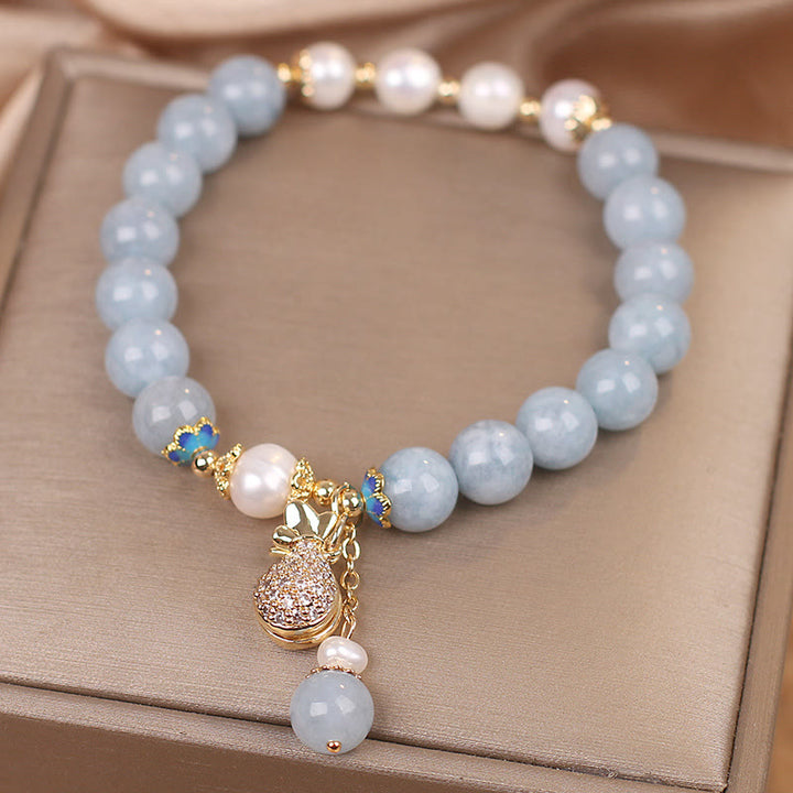 Buddha Stones, Aquamarin-Perlen-Glücksbeutel-Charm-Armband