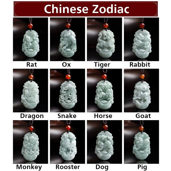 Buddha Stones, natürliche Jade, 12 chinesische Sternzeichen, Erfolgs-Anhänger-Halskette