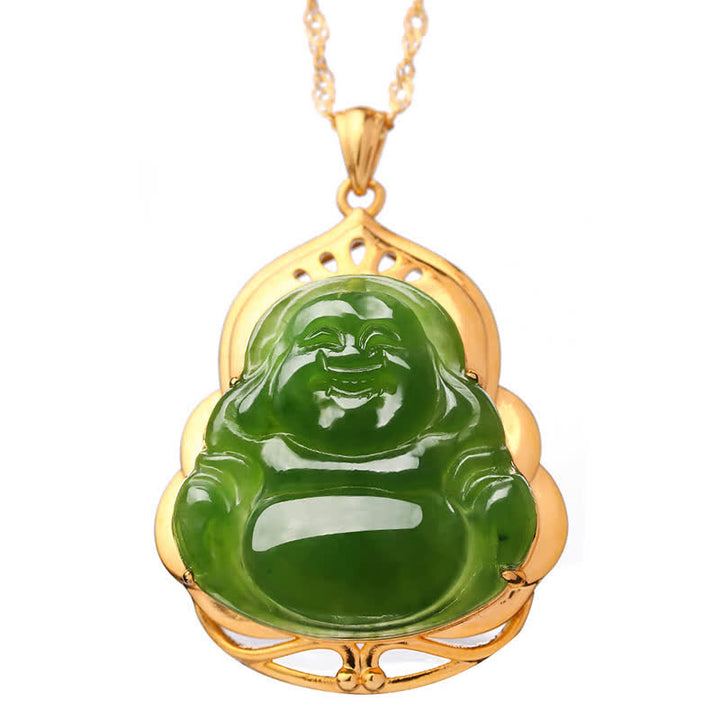 925 Sterling Silber natürliche Hetian Cyan Jade lachender Buddha 18K Gold Heilung Halskette Kettenanhänger