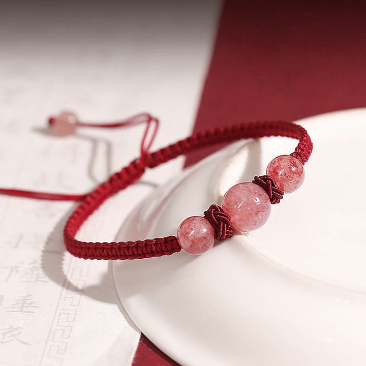 Buddha Stones natürliches Erdbeerquarz-Kristall-Liebes-Armband mit rotem Schnurgeflecht, Fußkettchen
