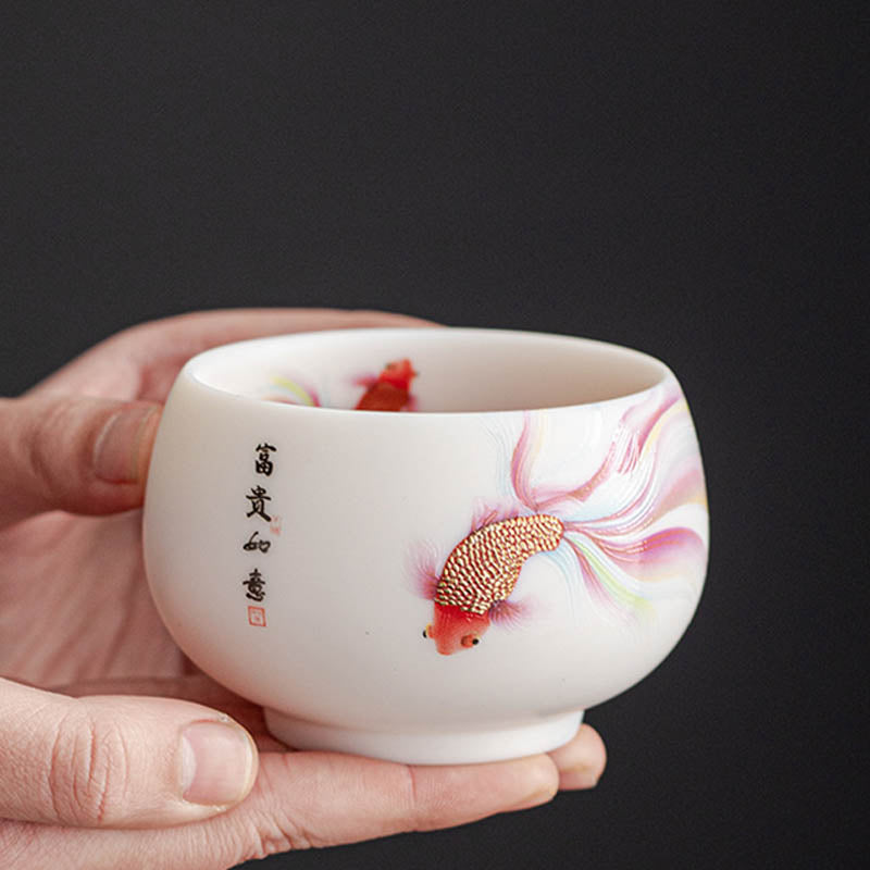 Buddha Stones Koi Fisch Weiß Porzellan-Keramik-Teetasse Kung-Fu-Teetasse