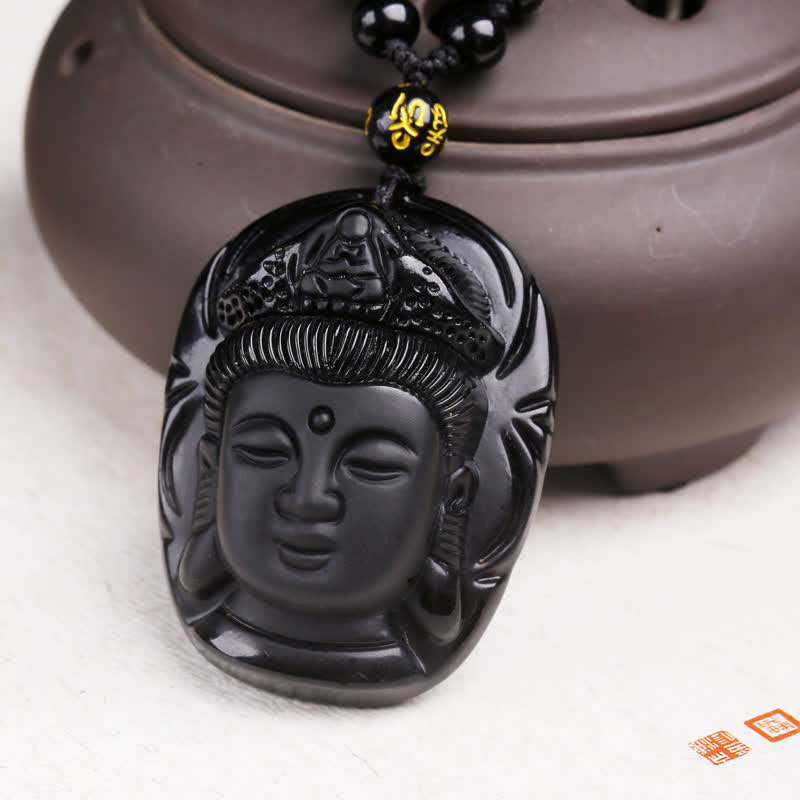 Buddha Stones Natürlicher schwarzer Obsidian Kwan Yin Avalokitesvara Kraftschnur-Halskettenanhänger