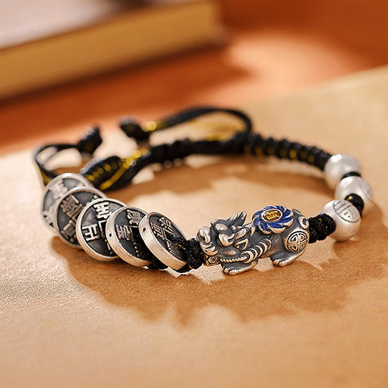 Buddha Stones 999 Sterling Silber FengShui PiXiu Kupfer Münze Fu Charakter Reichtum geflochtenes Armband