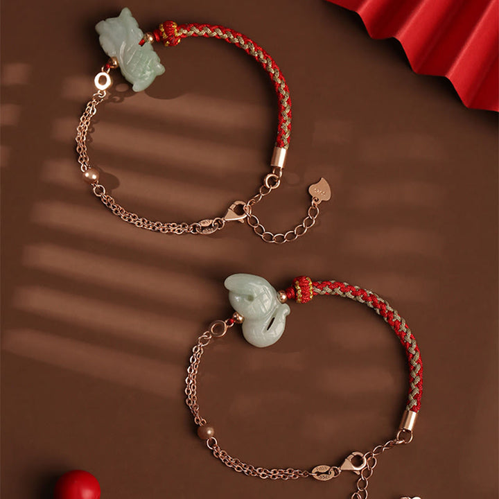 Buddha Stones 925 Sterling Silber Jahr des Drachen Chinesisches Sternzeichen Jade Glückskettenarmband