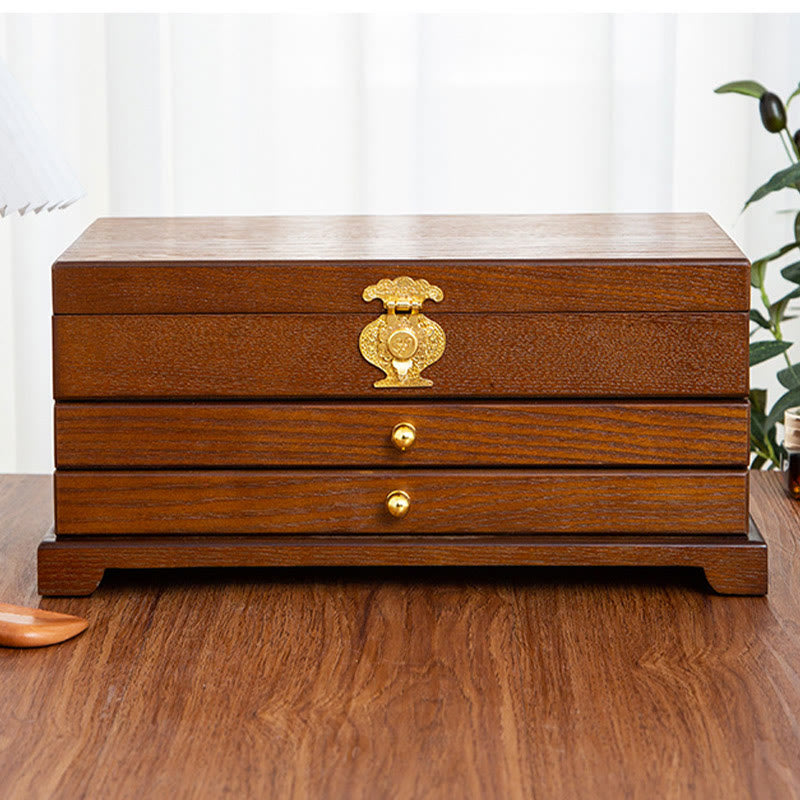 Buddha Stones Retro-Schmuckkästchen aus Holz, dreilagige Schmuckaufbewahrungsbox