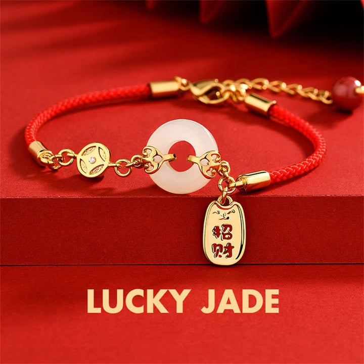 Armband mit Buddha Stonesn, Weiß Jade, Friedensschnalle, Kupfermünze, Glücksbringer, Segen