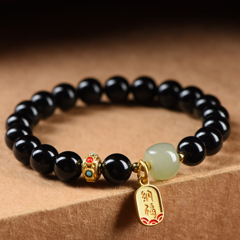 Buddha Stones, schwarzer Onyx, Hetian-Jade-Perlen, Glücksbringer-Charm-Armband