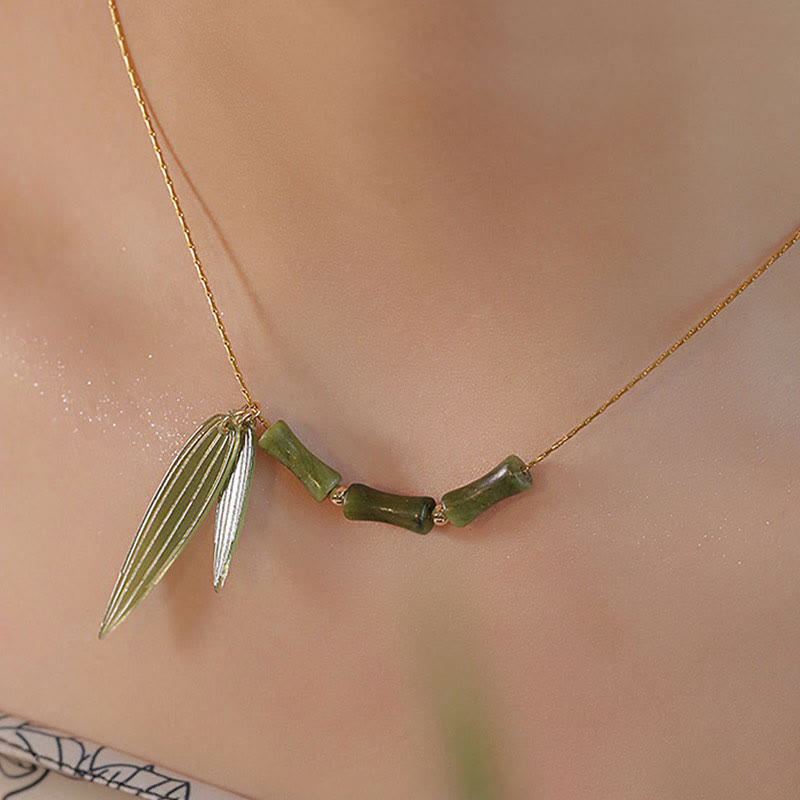 Buddha Stones Bambusblatt Jade Design Reichtum Halskette Anhänger