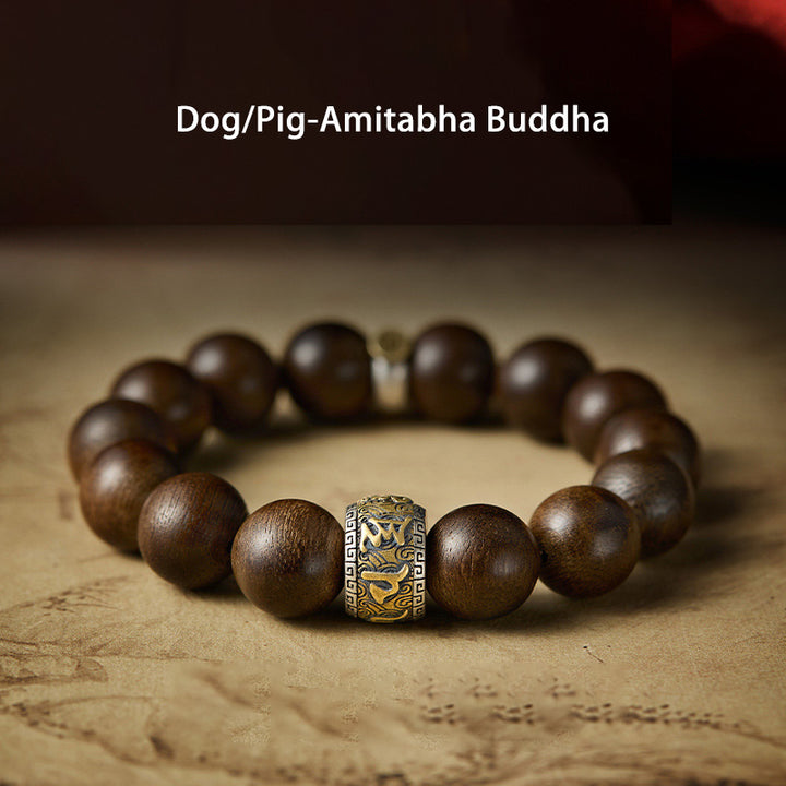 Armband mit Buddha Stonesn, chinesischem Sternzeichen, Natal Buddha, Kalimantan, Agarholz, Om Mani Padme Hum, 925er Sterlingsilber