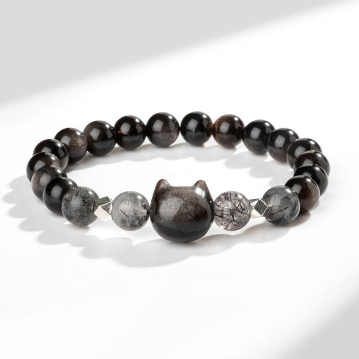 Buddha Stones Natürliches silberglänzendes Obsidian-Armband zum Schutz des niedlichen Katzenkopfes