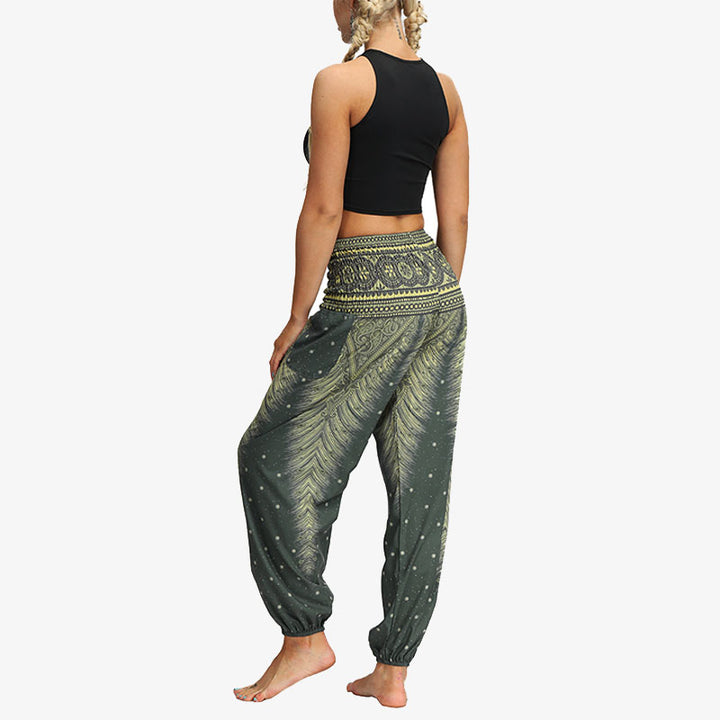 Buddha Stones Federdruck Hippie Baggy Hose Boho Hohe Taille mit Taschen Damen Yogahose