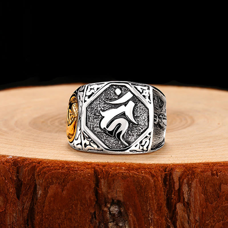 Verstellbarer Ring aus 925er-Sterlingsilber mit Buddha Stonesn, Sanskrit-Design, geschnitzter Schutz