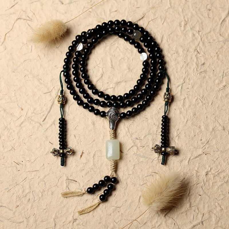 Glücksarmband aus tibetischem schwarzem Onyx, Hetian-Jade, 108 Mala-Perlen