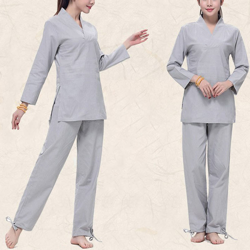 Buddha Stones Zen Praxis Yoga Meditation Gebet V-Ausschnitt Design Uniform Baumwolle Leinen Kleidung Damen Set