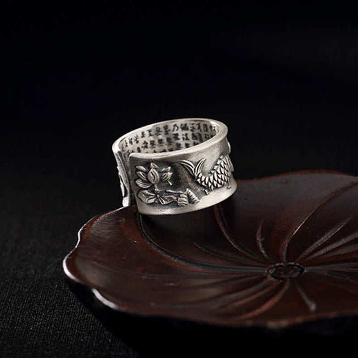 999 Sterling Silber Glück Koi Fisch Lotus Herz Sutra Reichtum Ring