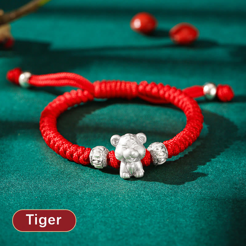 Buddha Stones 999 Sterling Silber Chinesisches Sternzeichen Rotes Seil Glück Handgefertigtes Kinderarmband