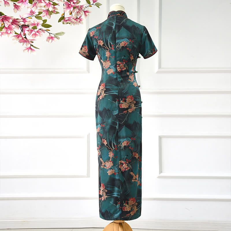 Buddha Stones Vintage Rosa Blumen Print Cheongsam Kleid Damen Qipao Kleid