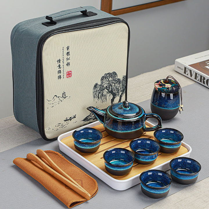 Buddha Stones, blauer Farbverlauf, chinesischer Gongfu-Tee, Keramik-Teekanne, tragbares Geschenkbeutel-Box-Set