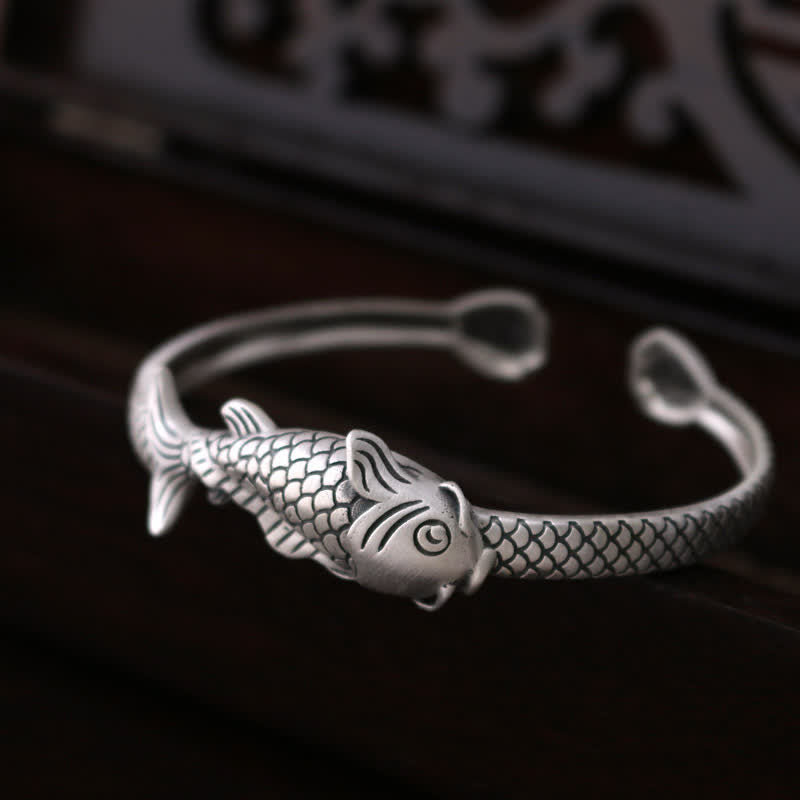 990 Sterling Silber Koi Fisch Lotus Glück Reichtum Armband Armreif