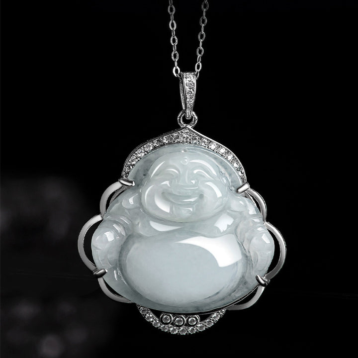 Buddha Stones 925 Sterling Silber Lachender Buddha Natürliche Jade Fülle Halskette Anhänger