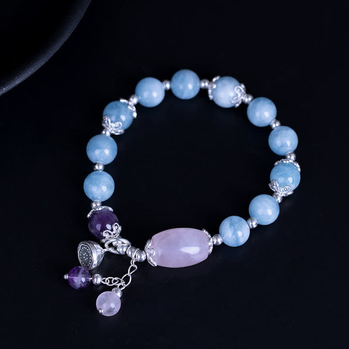 Buddha Stones 925 Sterling Silber natürliches Aquamarin Amethyst Lotus Heilung Charm-Armband