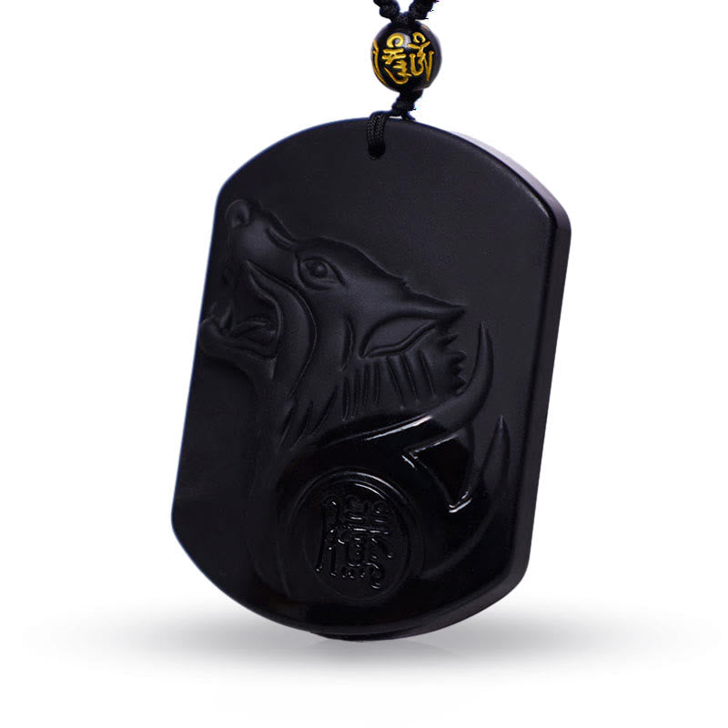 Buddha Stones Schwarzer Obsidian-Stein-Wolf-Reinigungs-Anhänger-Halskette