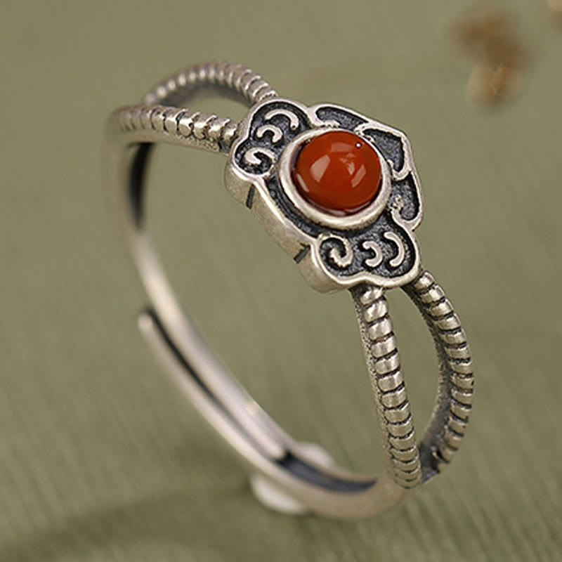 Buddha Stones Ring aus 925er-Sterlingsilber, rote Achatperle, logisches Denken