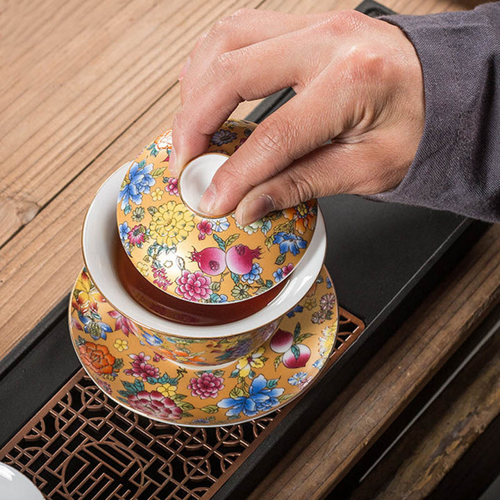 Buddha Stones Pfingstrose Blumen Keramik Gaiwan Sancai Teetasse Kung Fu Teetasse und Untertasse mit Deckel