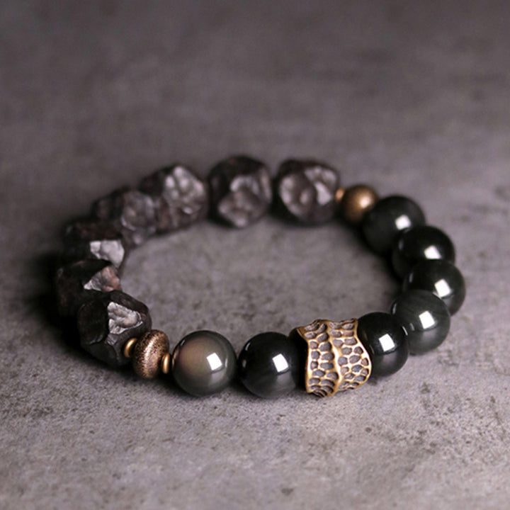 Buddha Stones Schwarzes Obsidian-Ebenholz-Kupfer-Stärke-Paar-Armband