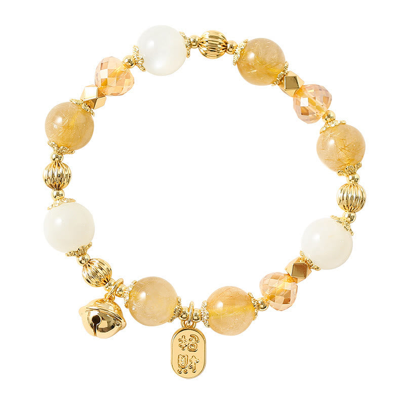 Buddha Stones 14K vergoldetes goldenes Rutilquarz-Charm-Armband mit Glücksglocke und Glücksbringer