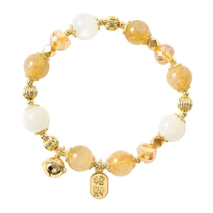 Buddha Stones 14K vergoldetes goldenes Rutilquarz-Charm-Armband mit Glücksglocke und Glücksbringer