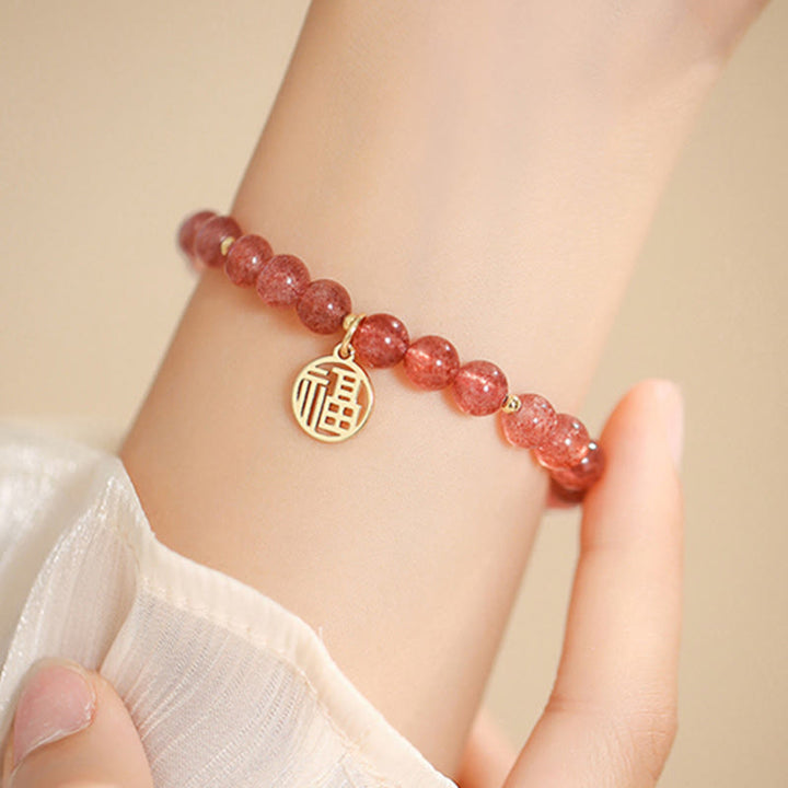 Buddha Stones 14K vergoldetes Erdbeerquarz-Fu-Charakter-Heilungs-Charm-Armband