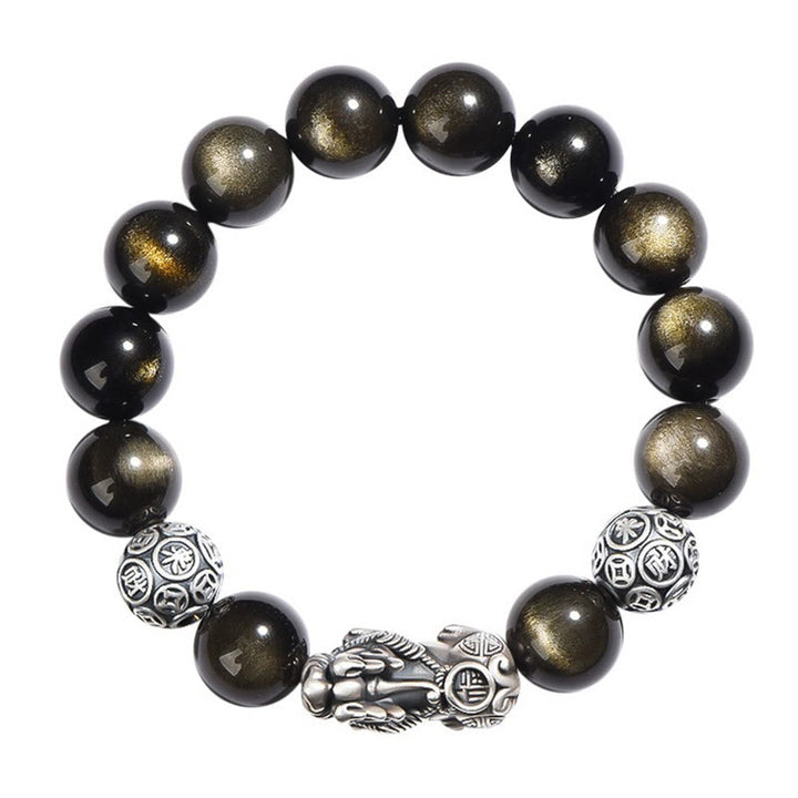 Buddha Stones 925 Sterling Silber Natürlicher Goldglanz Obsidian PiXiu Reichtumsschutzarmband