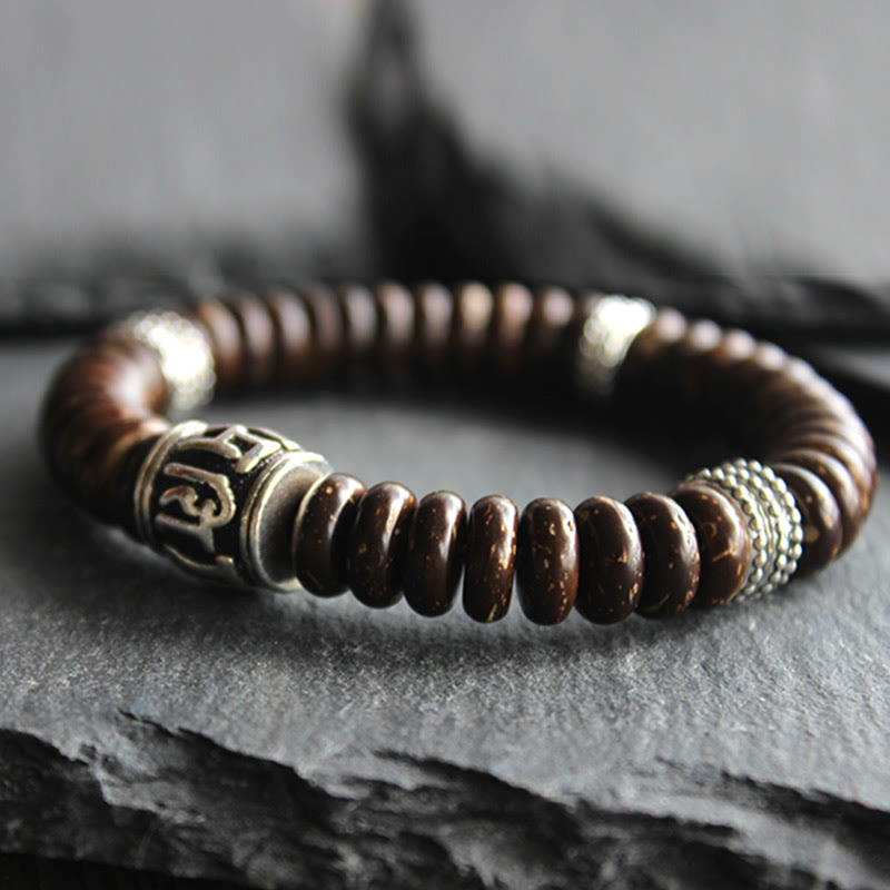 Buddha Stones Natürliches tibetisches Om Mani Padme Hum Positive Armband aus Kokosnussschale