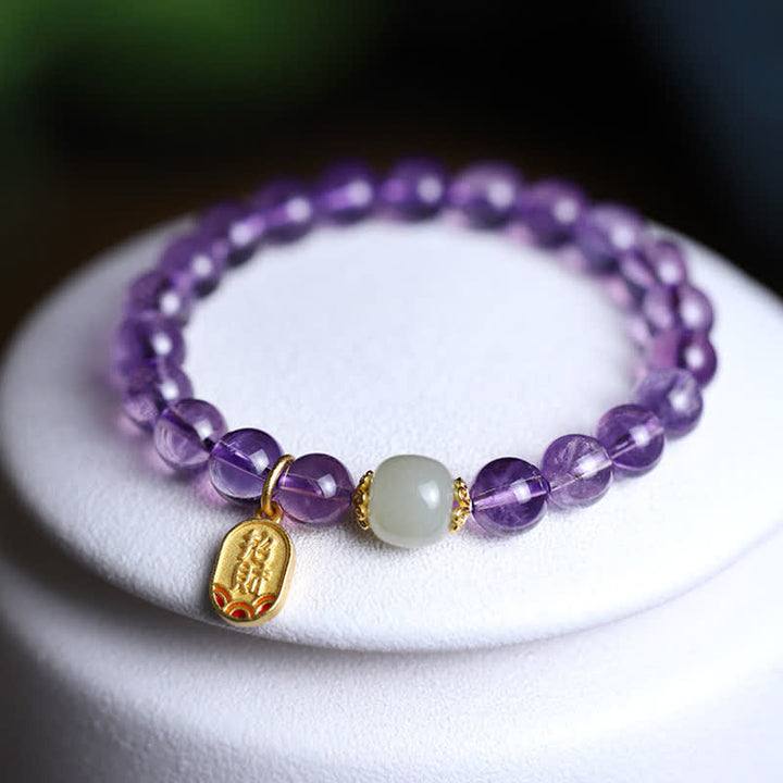 Buddha Stones Natürliches Amethyst-Kristall-Hetian-Jade-Heilungs-Charm-Armband