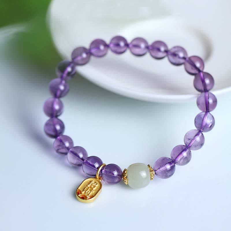 Buddha Stones Natürliches Amethyst-Kristall-Hetian-Jade-Heilungs-Charm-Armband